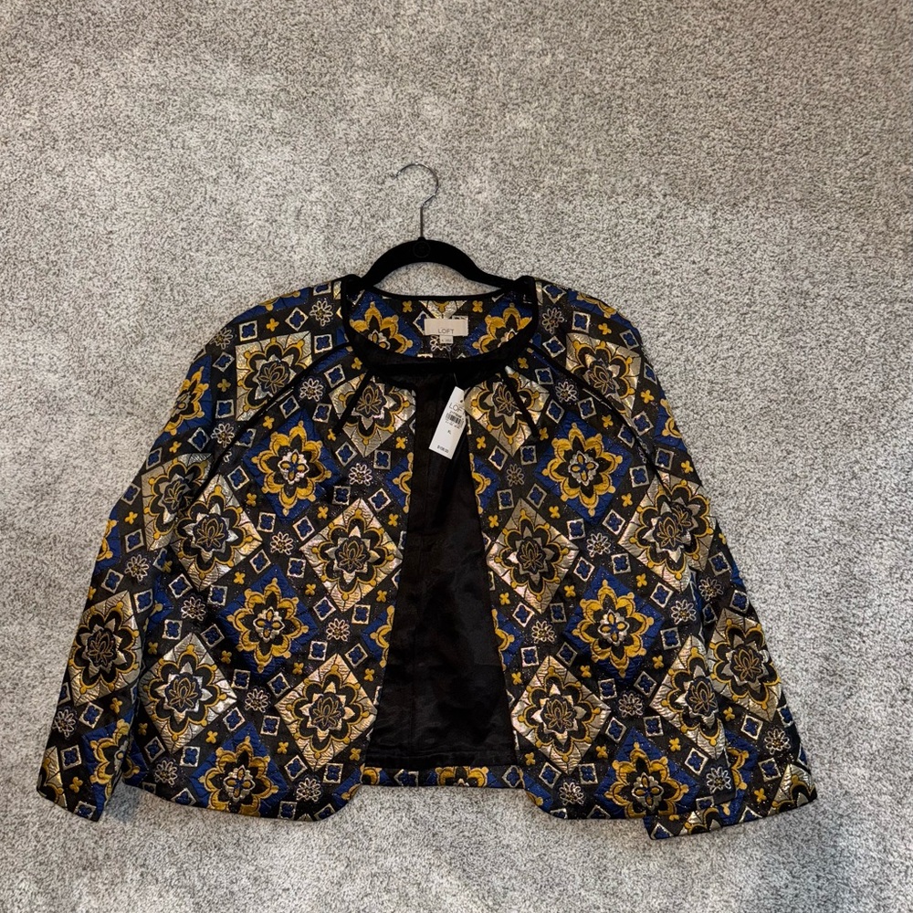 LOFT Blue and Gold Blazer with Geometric Pattern